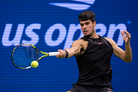 US Open 2024: Carlos Alcaraz, of Spain returns a shot to Botic van De Zandschulp, of the Netherlands